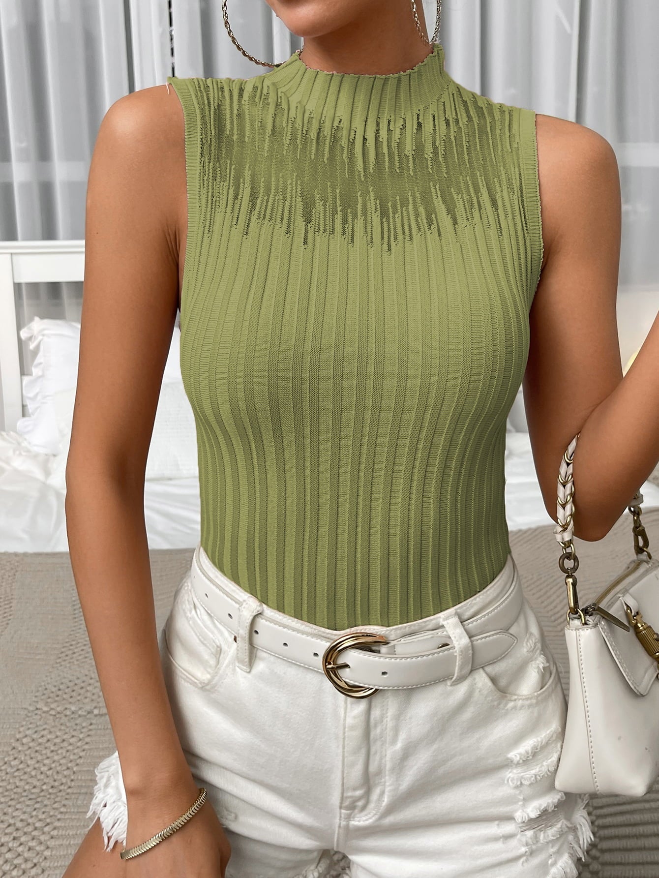 Mock Neck Ribbed Knit Tank-Pimamour