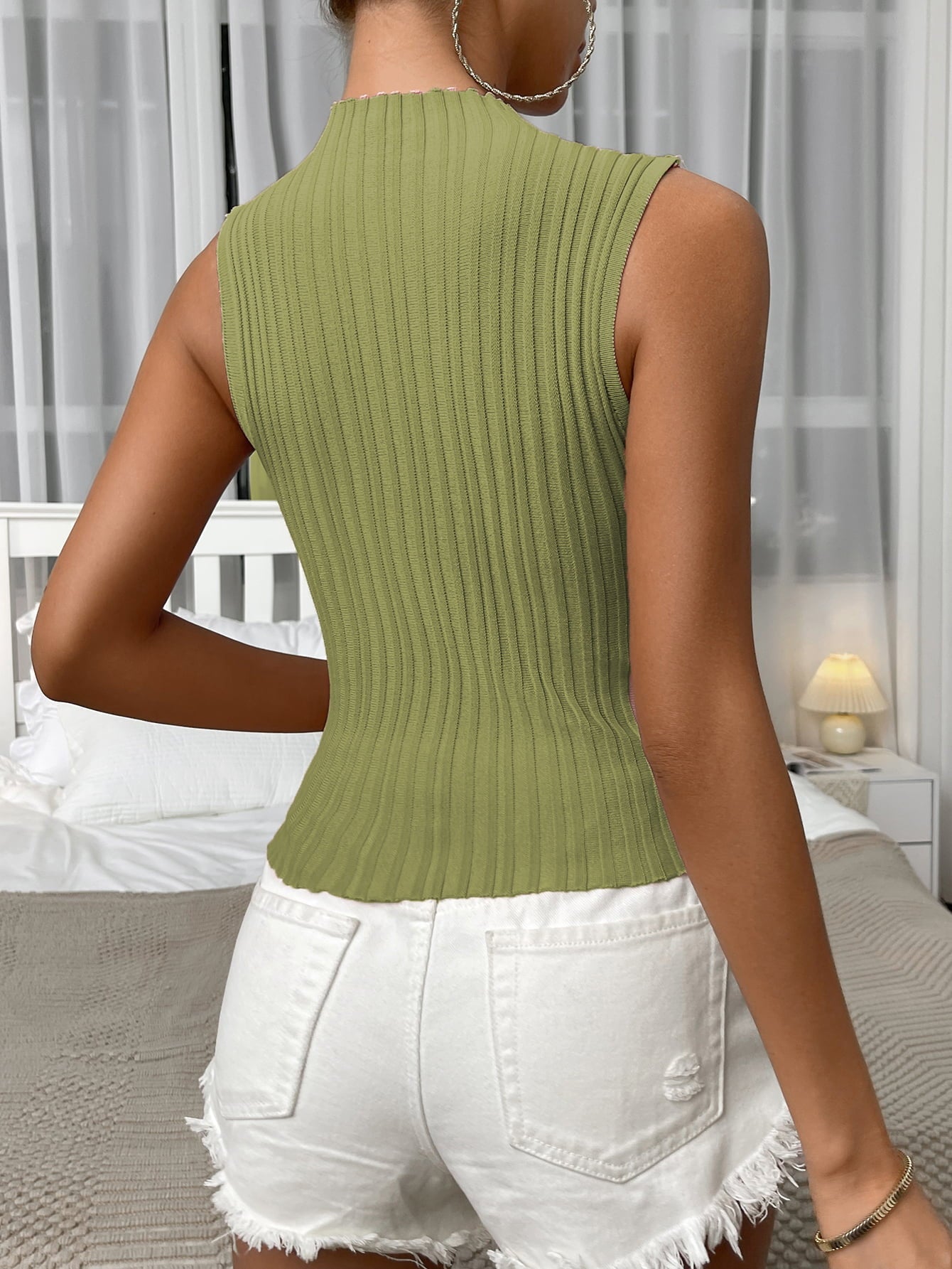 Mock Neck Ribbed Knit Tank-Pimamour