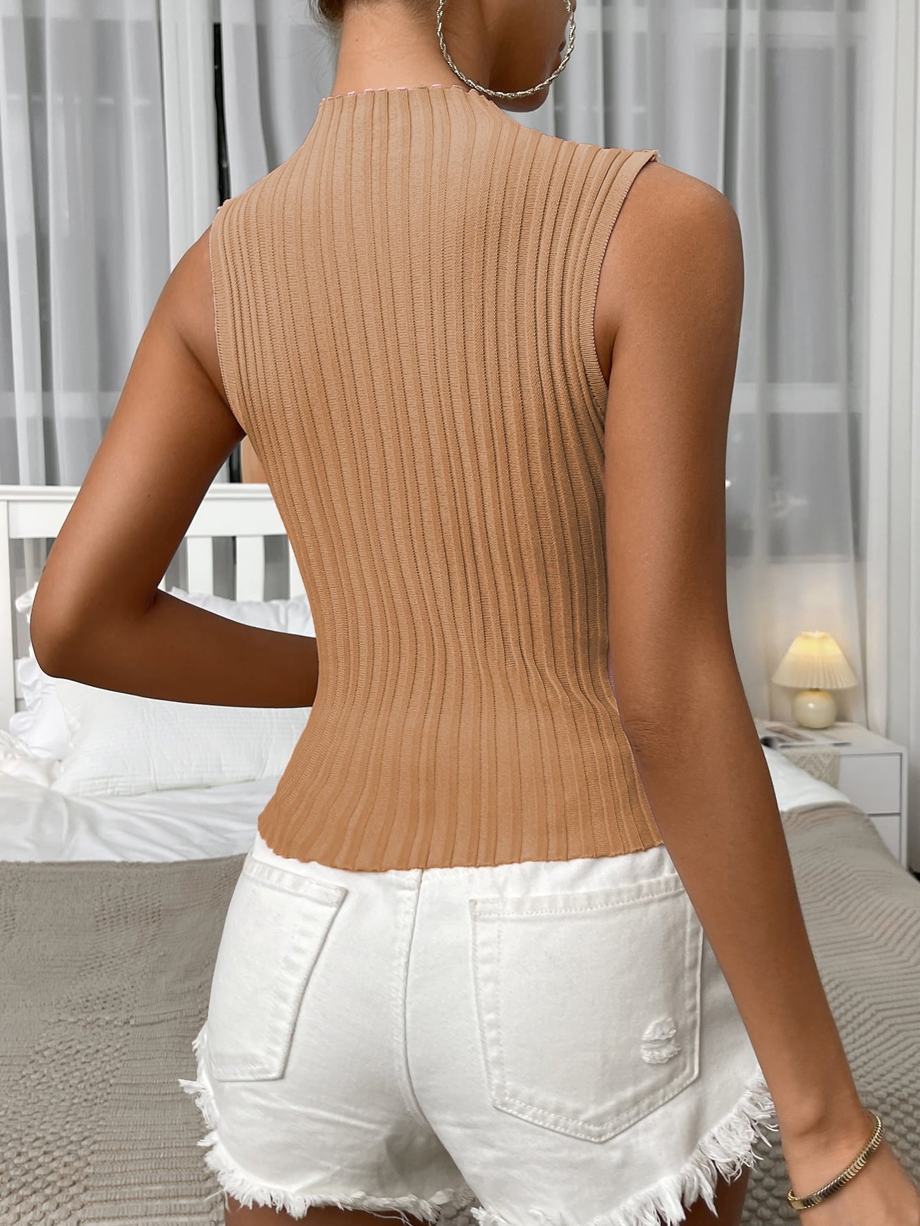 Mock Neck Ribbed Knit Tank-Pimamour