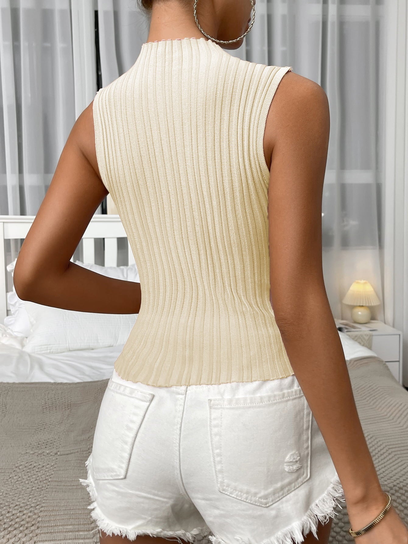 Mock Neck Ribbed Knit Tank-Pimamour