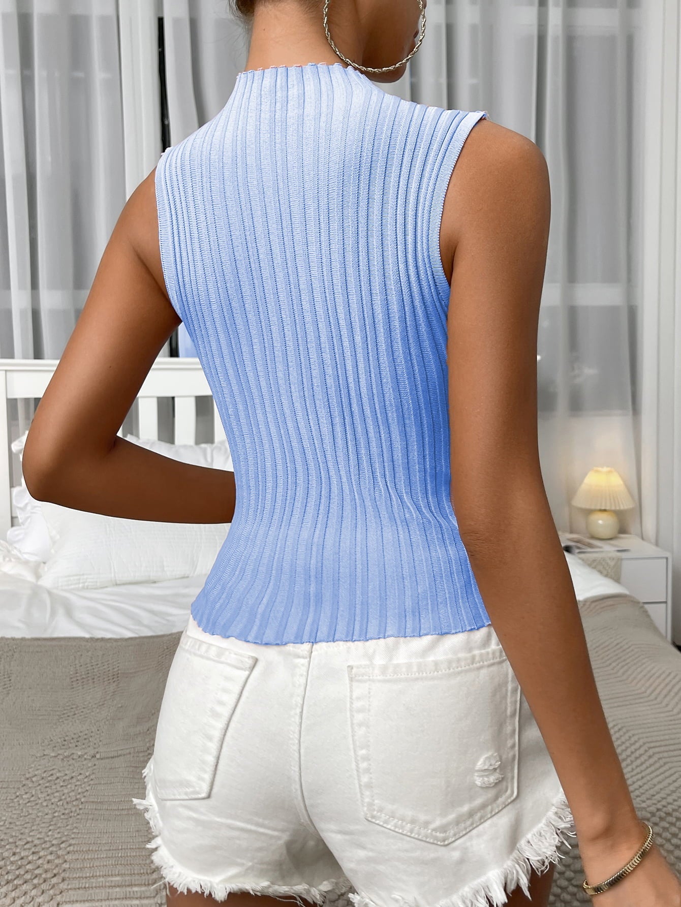 Mock Neck Ribbed Knit Tank-Pimamour