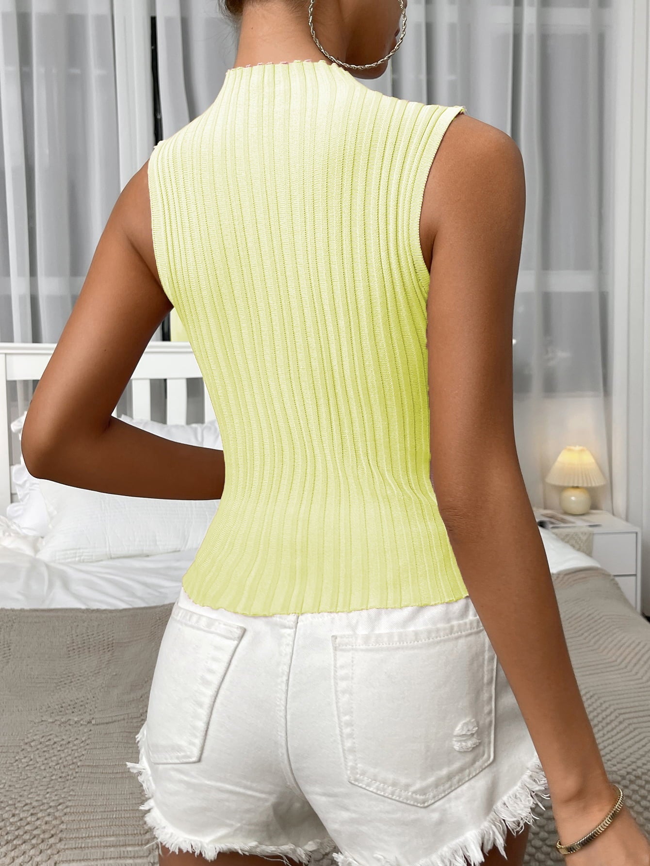 Mock Neck Ribbed Knit Tank-Pimamour