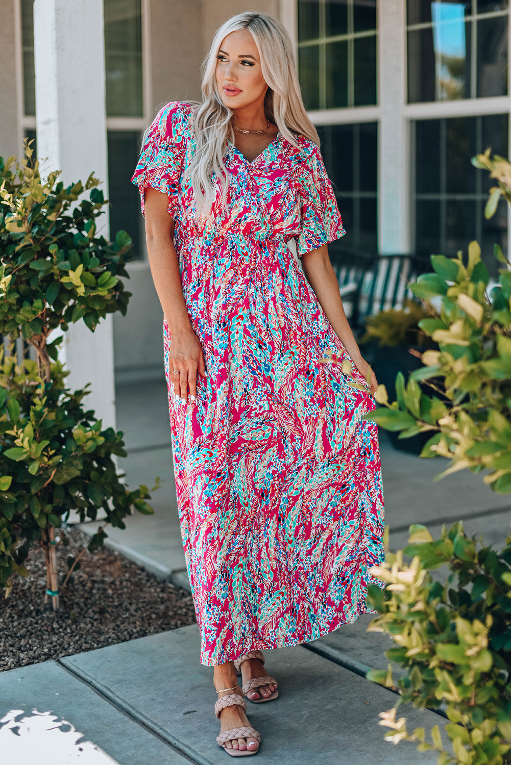 Multicolored V-Neck Maxi Dress-Pimamour