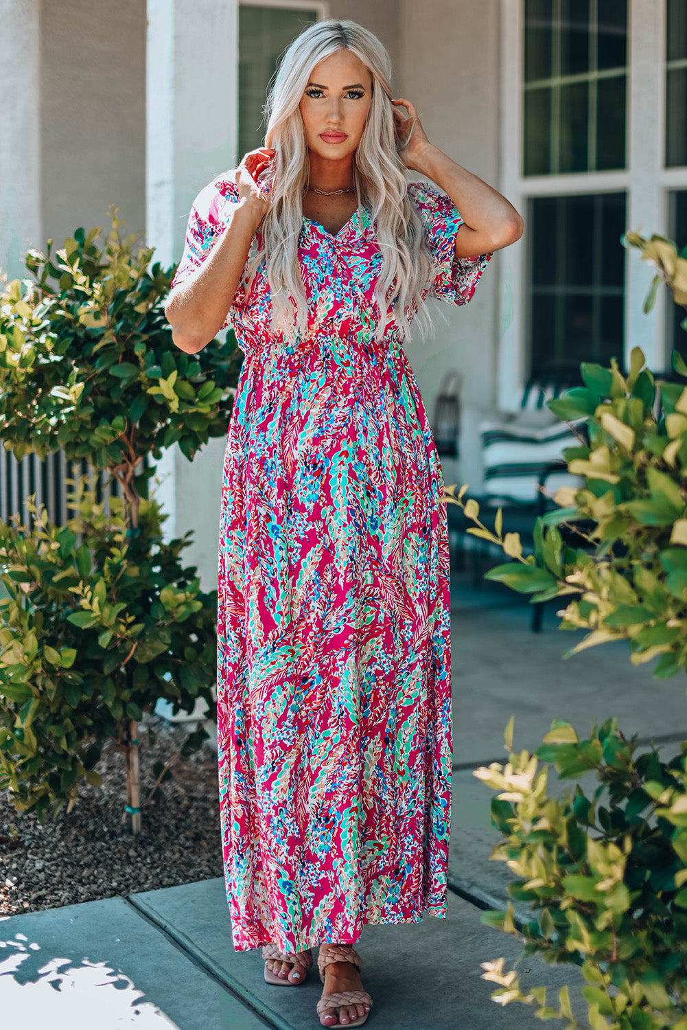 Multicolored V-Neck Maxi Dress-Pimamour