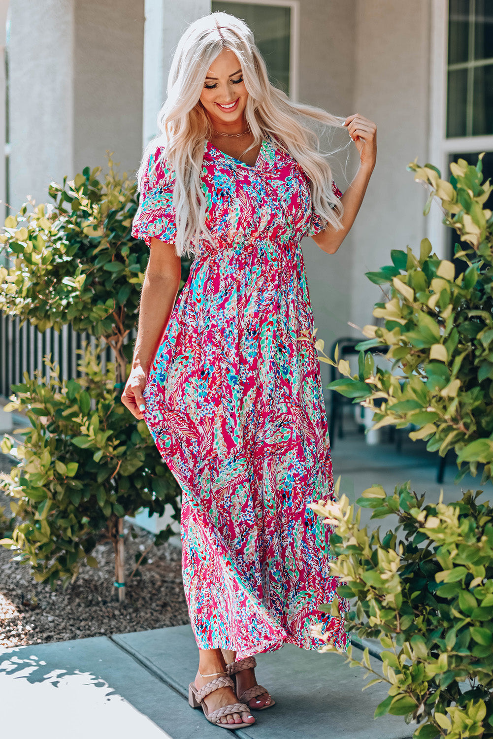 Multicolored V-Neck Maxi Dress-Pimamour