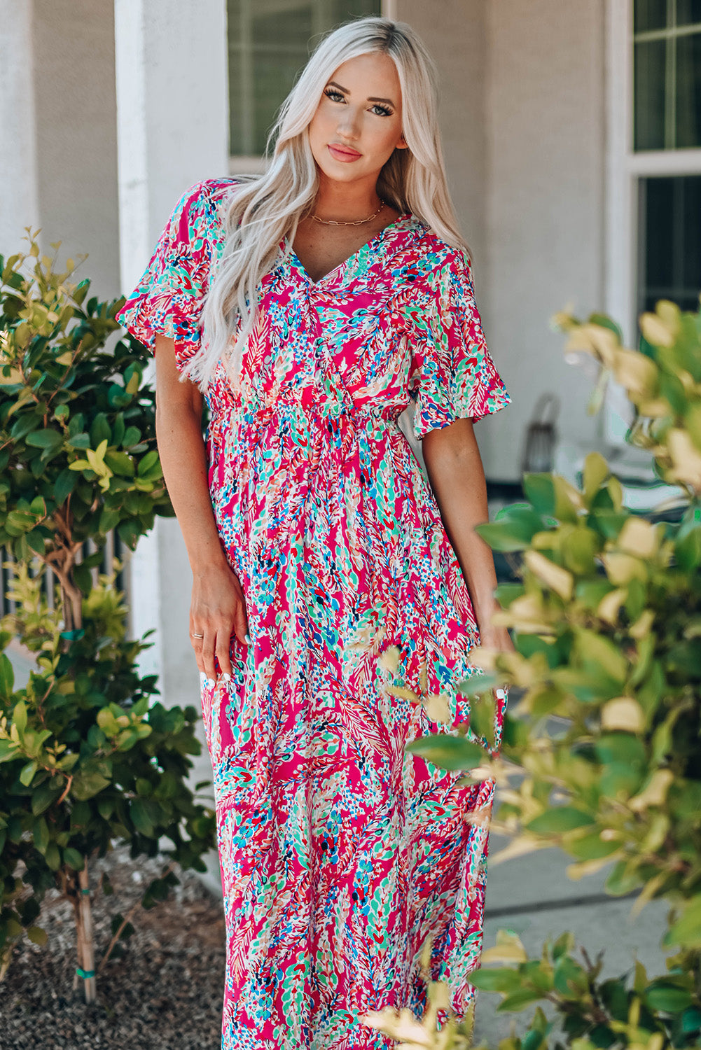 Multicolored V-Neck Maxi Dress-Pimamour