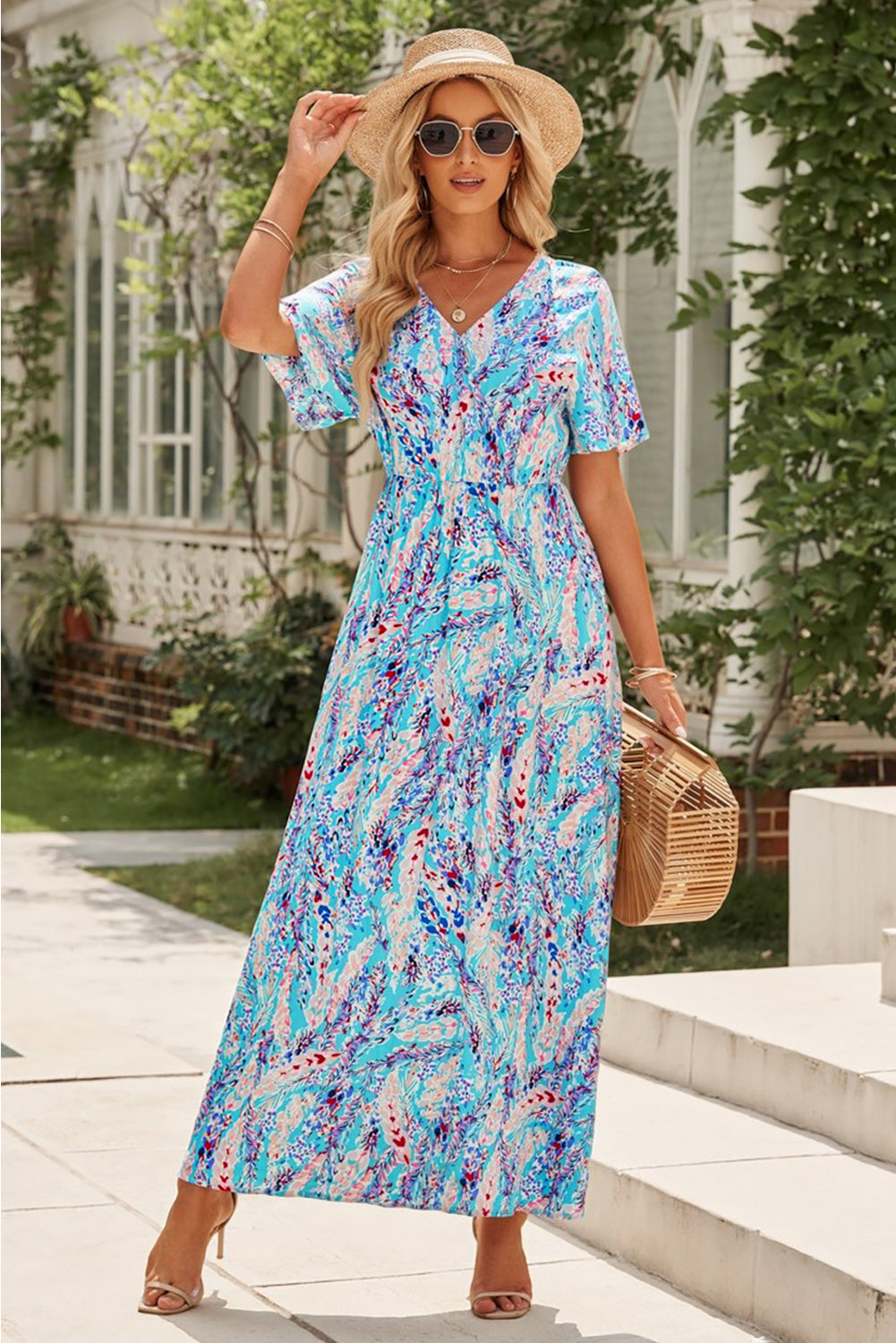 Multicolored V-Neck Maxi Dress-Pimamour