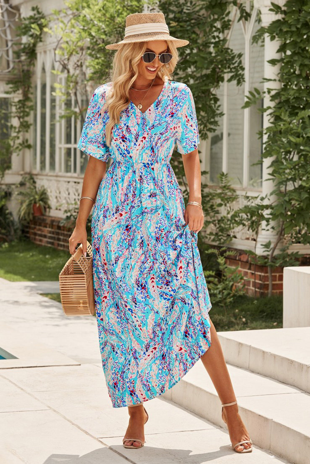 Multicolored V-Neck Maxi Dress-Pimamour