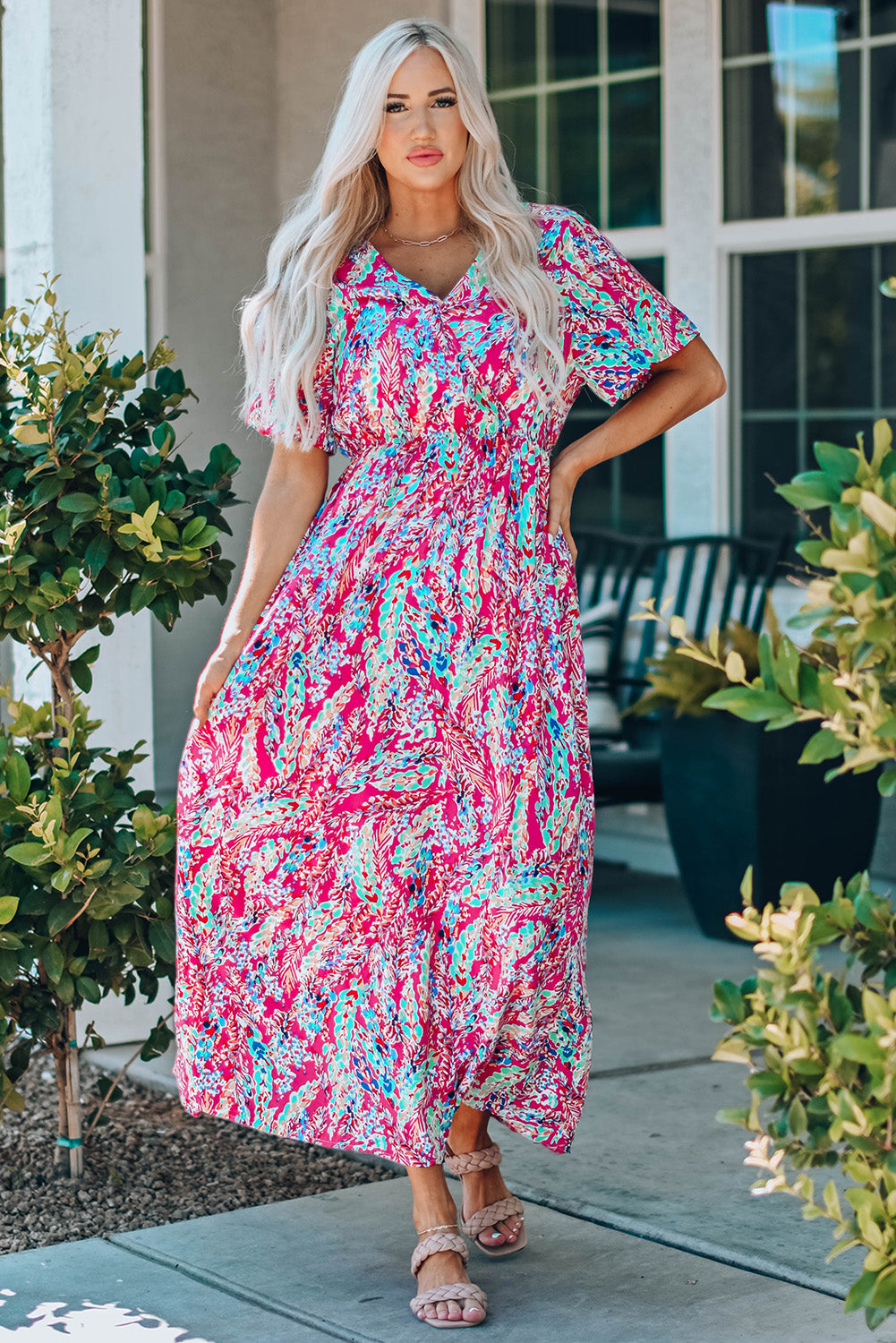 Multicolored V-Neck Maxi Dress-Pimamour