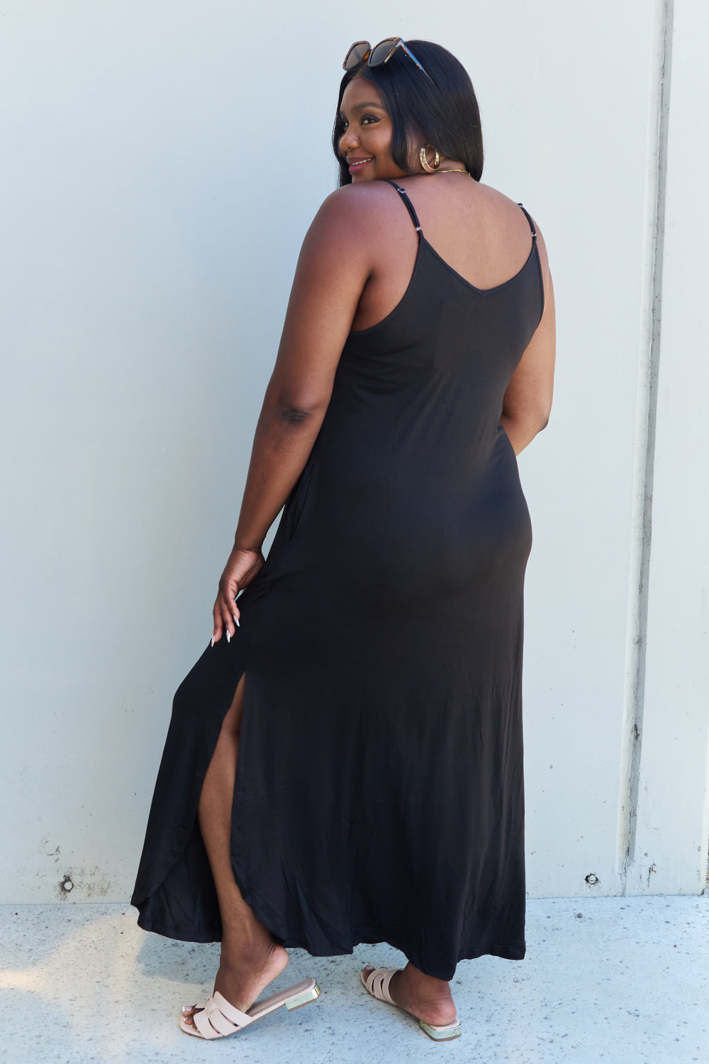 Ninexis Good Energy Full Size Cami Side Slit Maxi Dress in Black-Pimamour