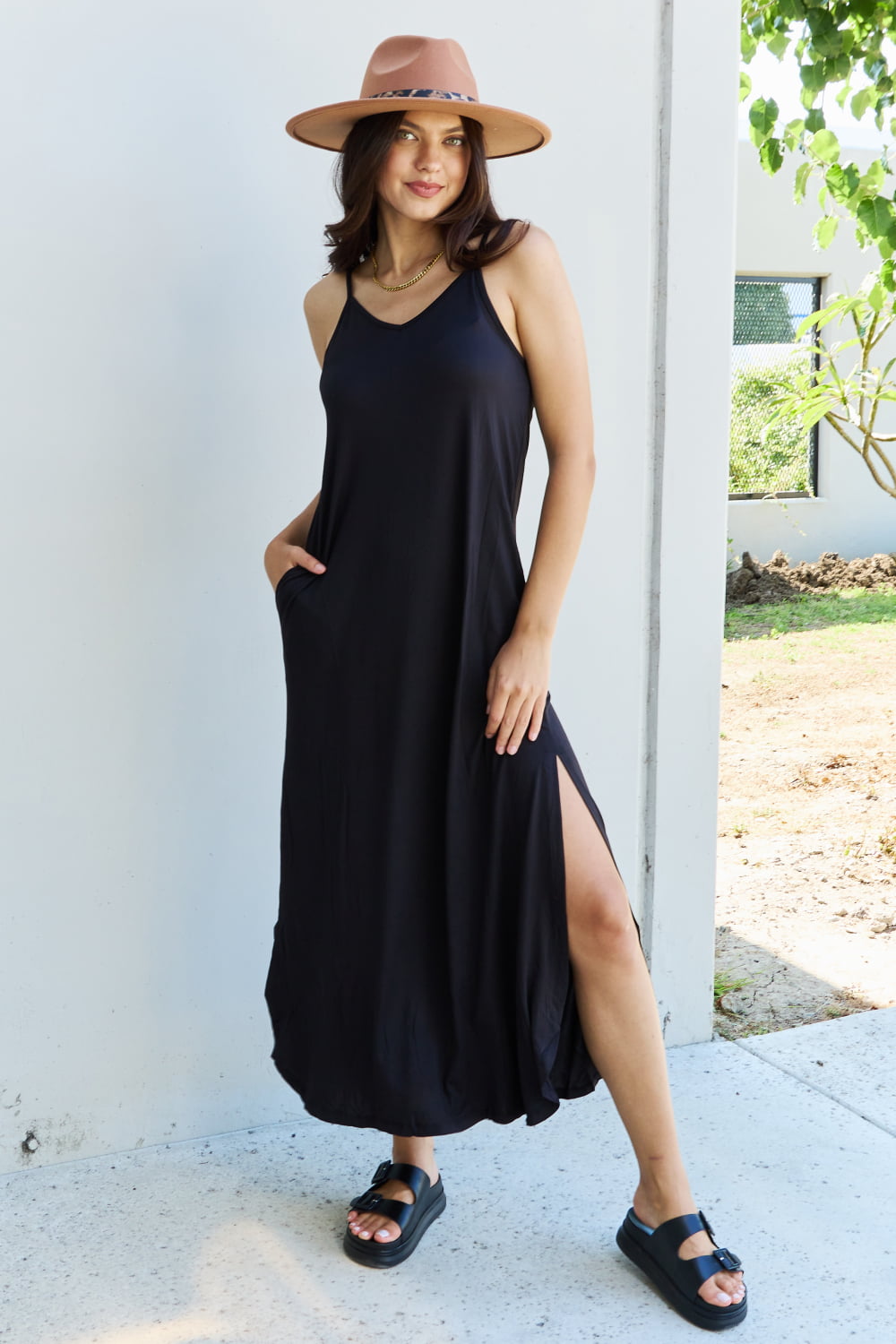 Ninexis Good Energy Full Size Cami Side Slit Maxi Dress in Black-Pimamour