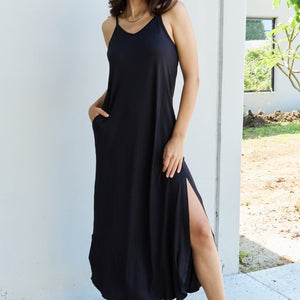 Ninexis Good Energy Full Size Cami Side Slit Maxi Dress in Black-Pimamour