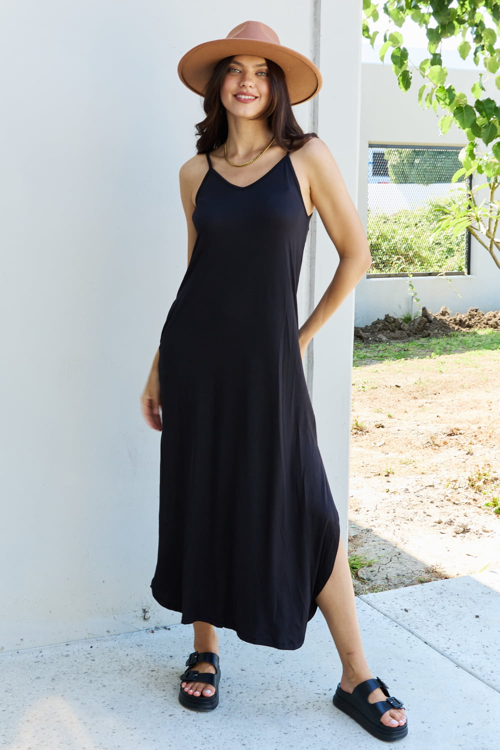 Ninexis Good Energy Full Size Cami Side Slit Maxi Dress in Black-Pimamour