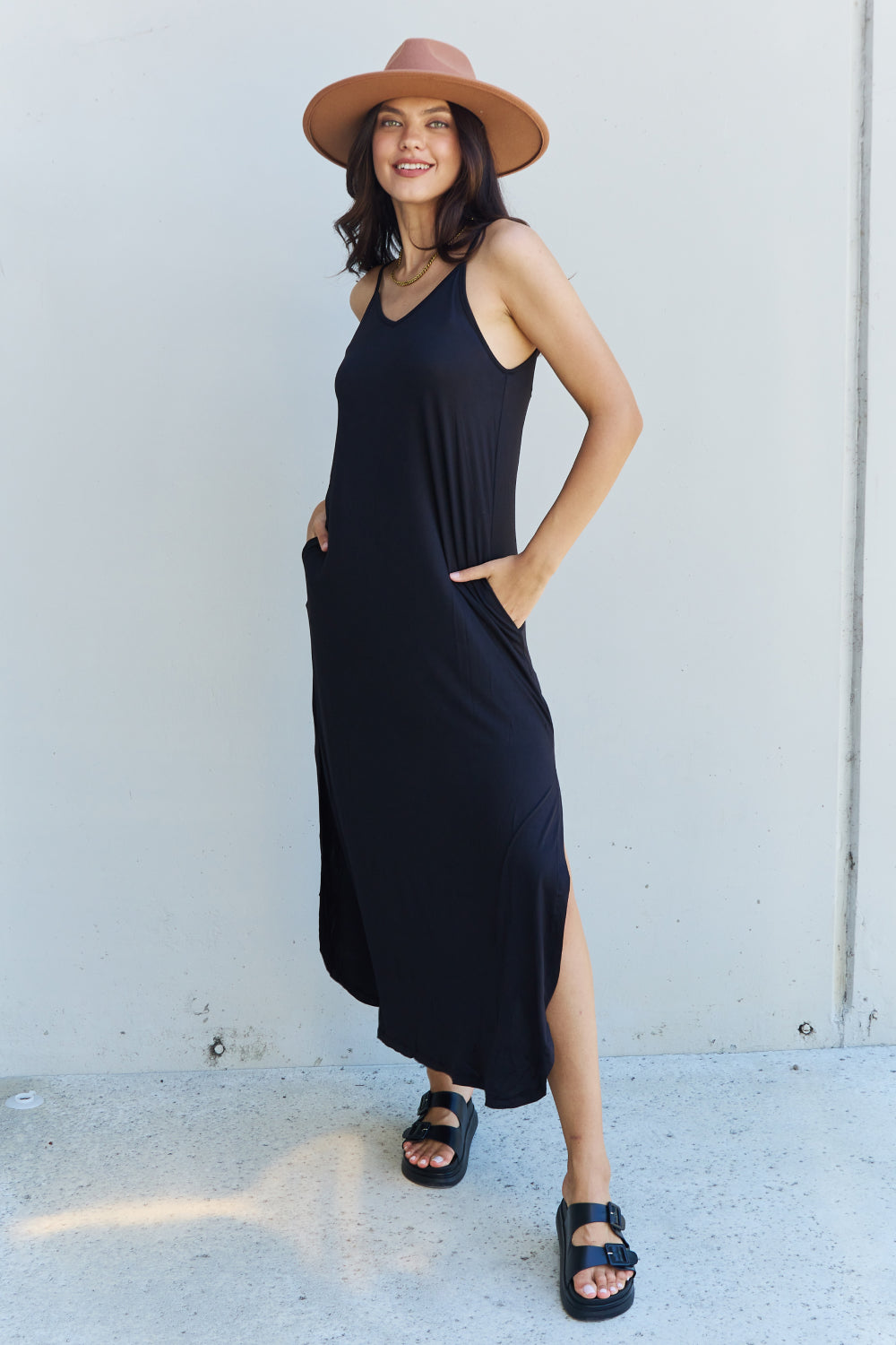 Ninexis Good Energy Full Size Cami Side Slit Maxi Dress in Black-Pimamour