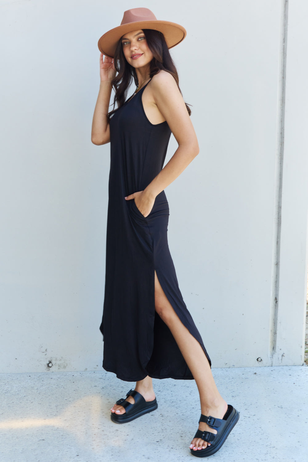 Ninexis Good Energy Full Size Cami Side Slit Maxi Dress in Black-Pimamour