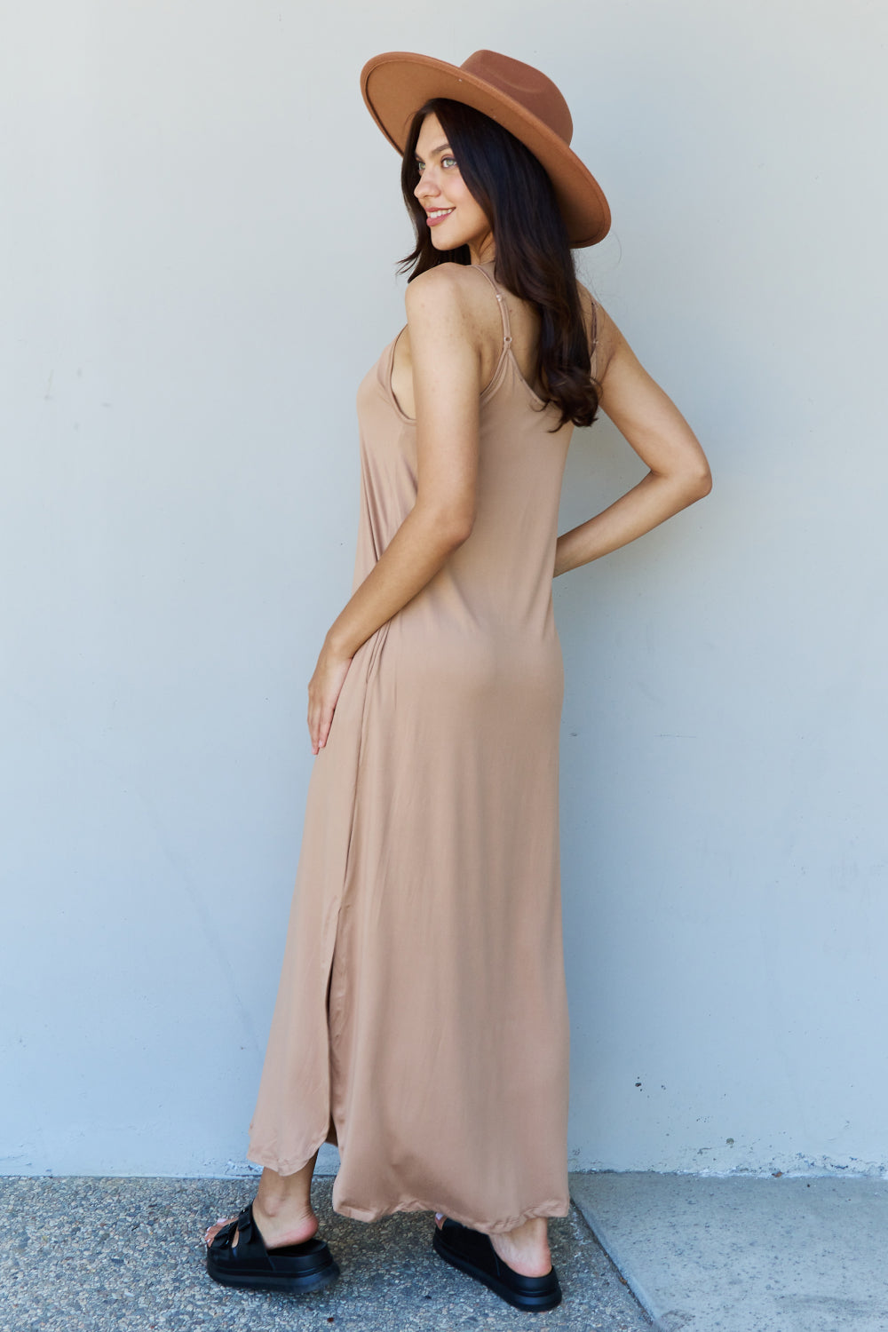 Ninexis Good Energy Full Size Cami Side Slit Maxi Dress in Camel-Pimamour