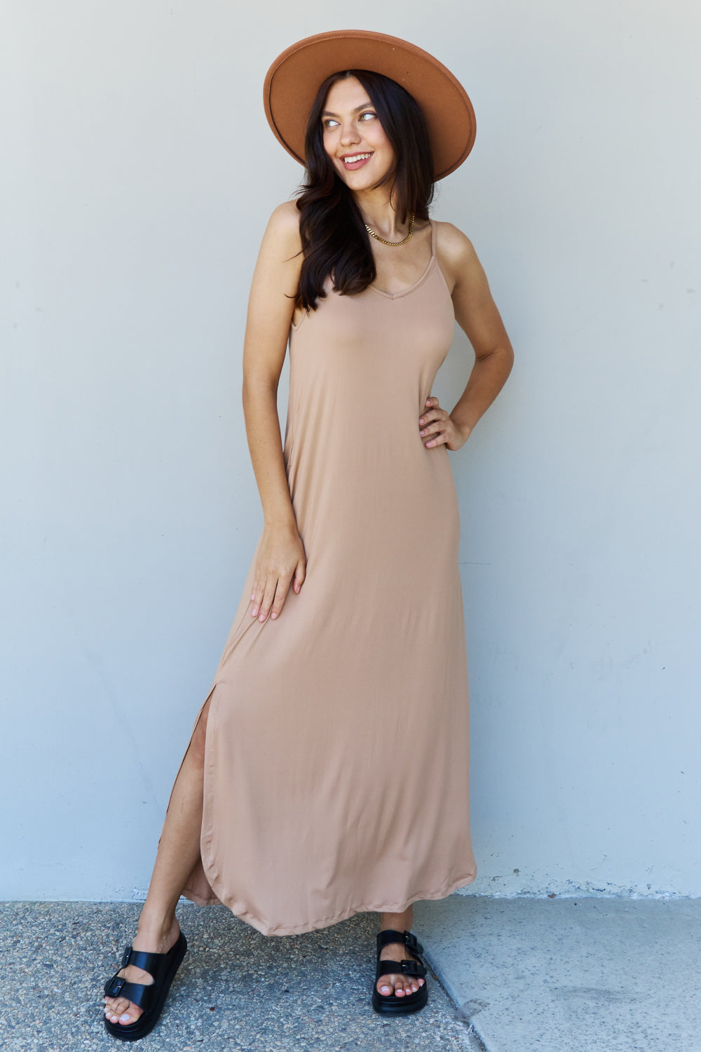 Ninexis Good Energy Full Size Cami Side Slit Maxi Dress in Camel-Pimamour