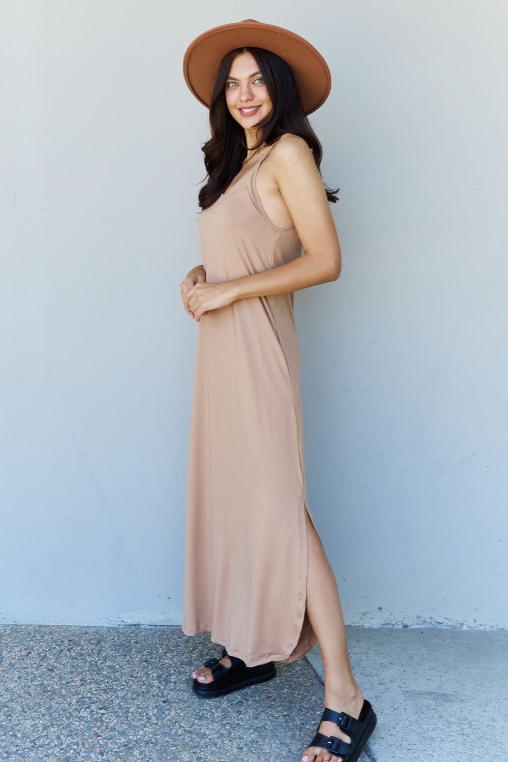 Ninexis Good Energy Full Size Cami Side Slit Maxi Dress in Camel-Pimamour