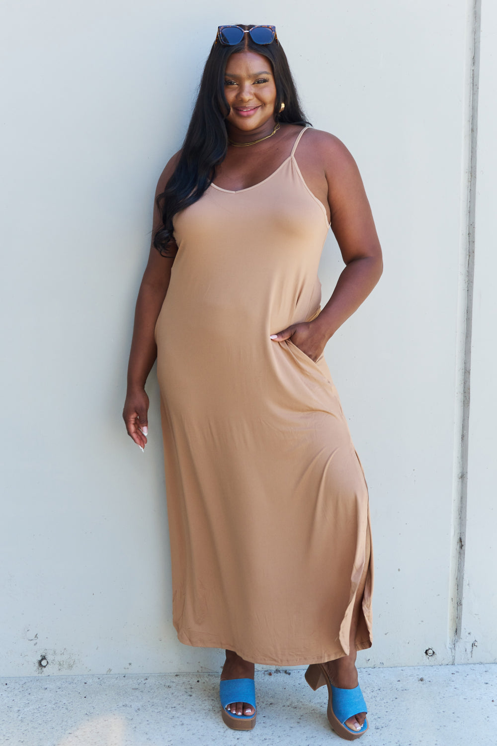 Ninexis Good Energy Full Size Cami Side Slit Maxi Dress in Camel-Pimamour