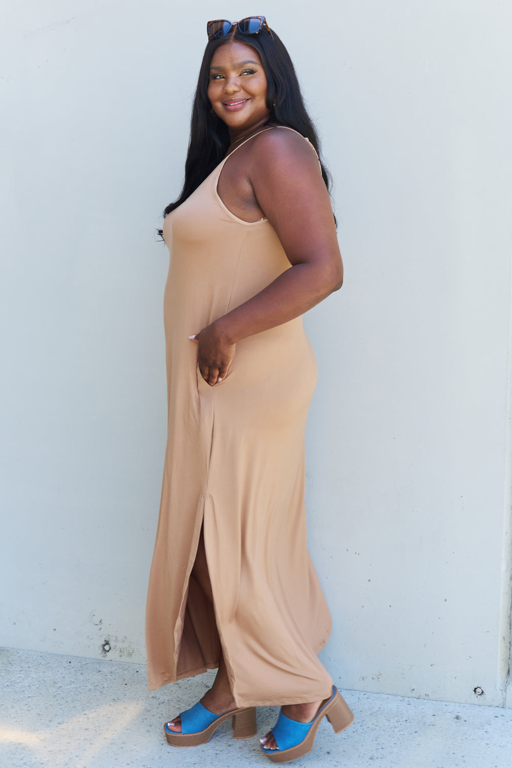 Ninexis Good Energy Full Size Cami Side Slit Maxi Dress in Camel-Pimamour