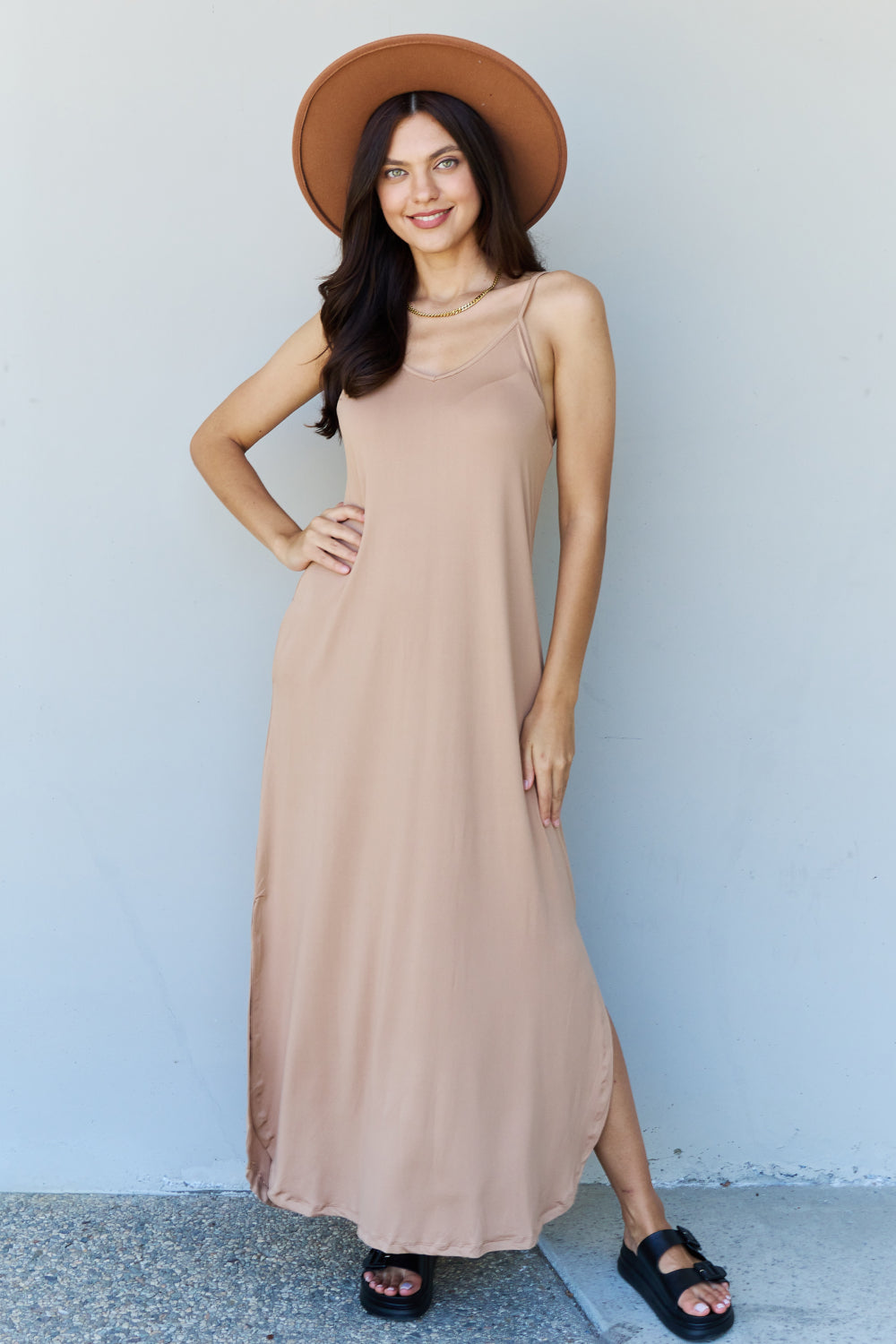 Ninexis Good Energy Full Size Cami Side Slit Maxi Dress in Camel-Pimamour