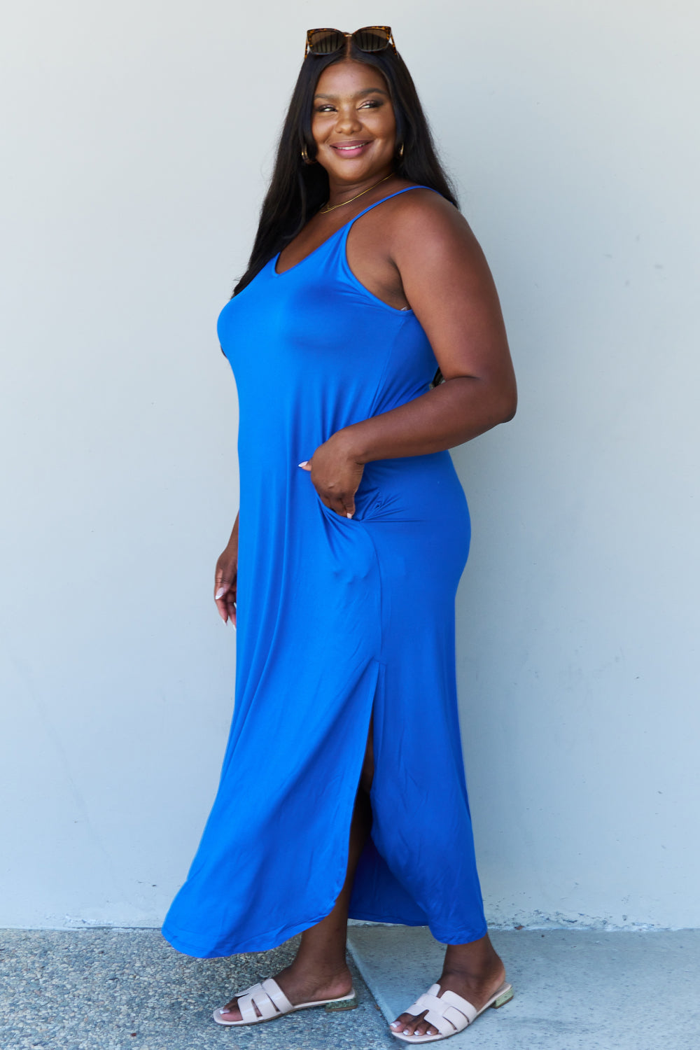 Ninexis Good Energy Full Size Cami Side Slit Maxi Dress in Royal Blue-Pimamour