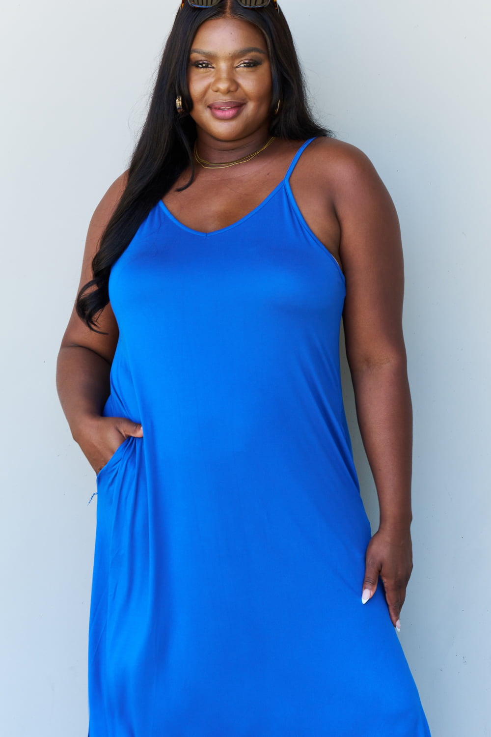 Ninexis Good Energy Full Size Cami Side Slit Maxi Dress in Royal Blue-Pimamour