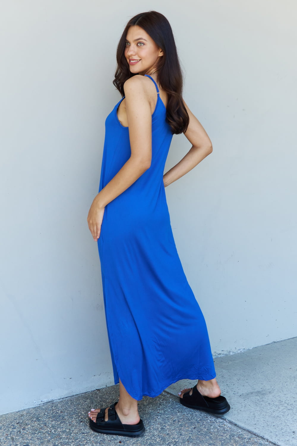 Ninexis Good Energy Full Size Cami Side Slit Maxi Dress in Royal Blue-Pimamour