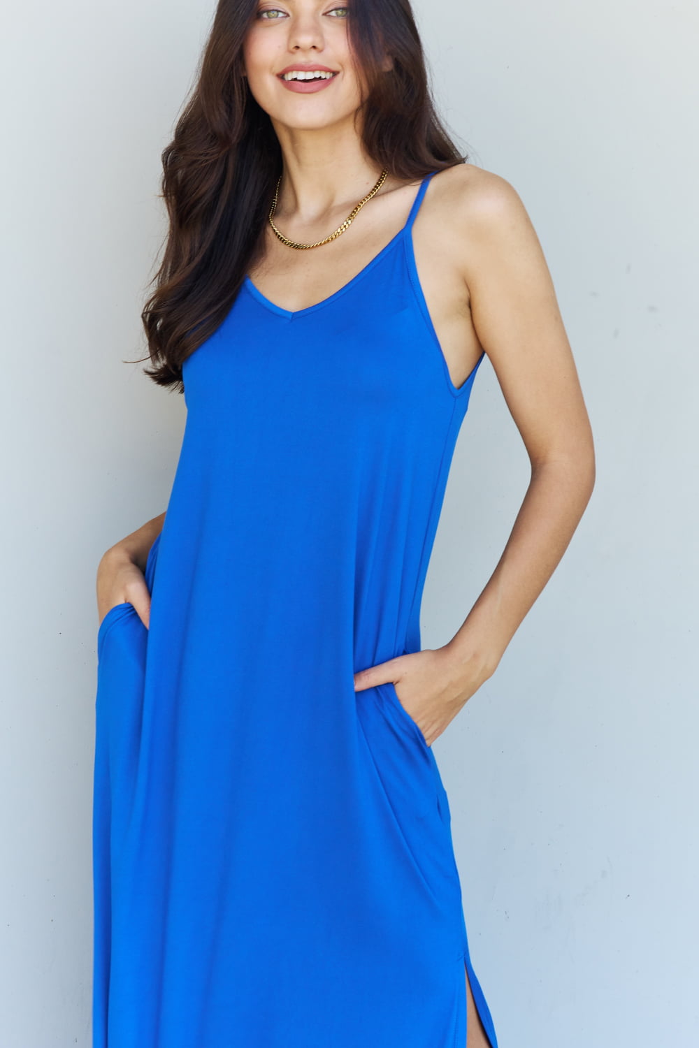 Ninexis Good Energy Full Size Cami Side Slit Maxi Dress in Royal Blue-Pimamour