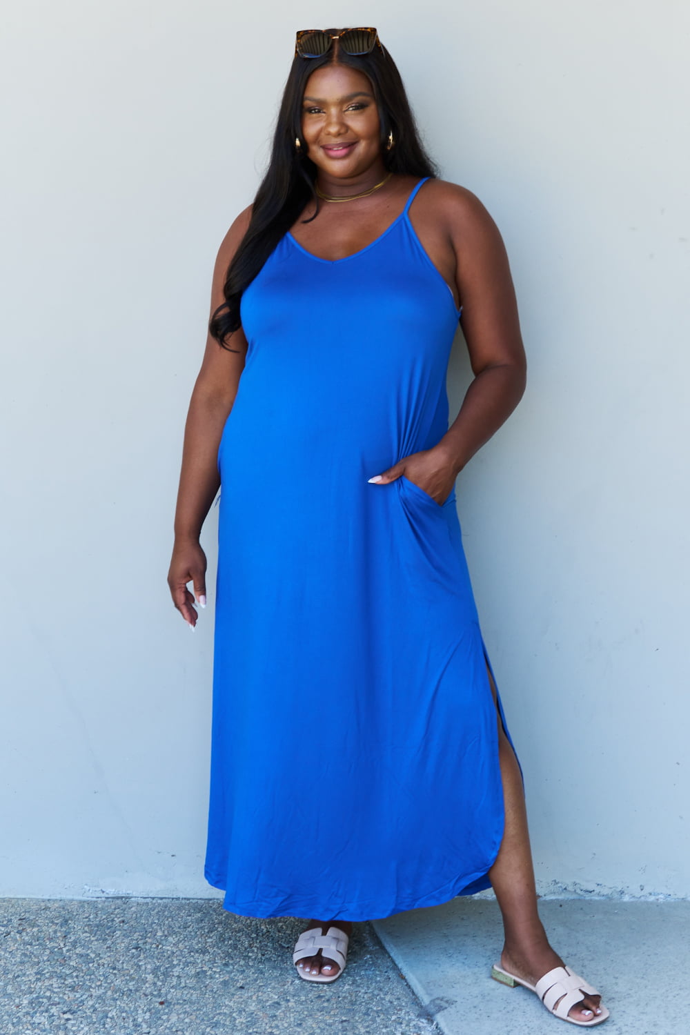 Ninexis Good Energy Full Size Cami Side Slit Maxi Dress in Royal Blue-Pimamour