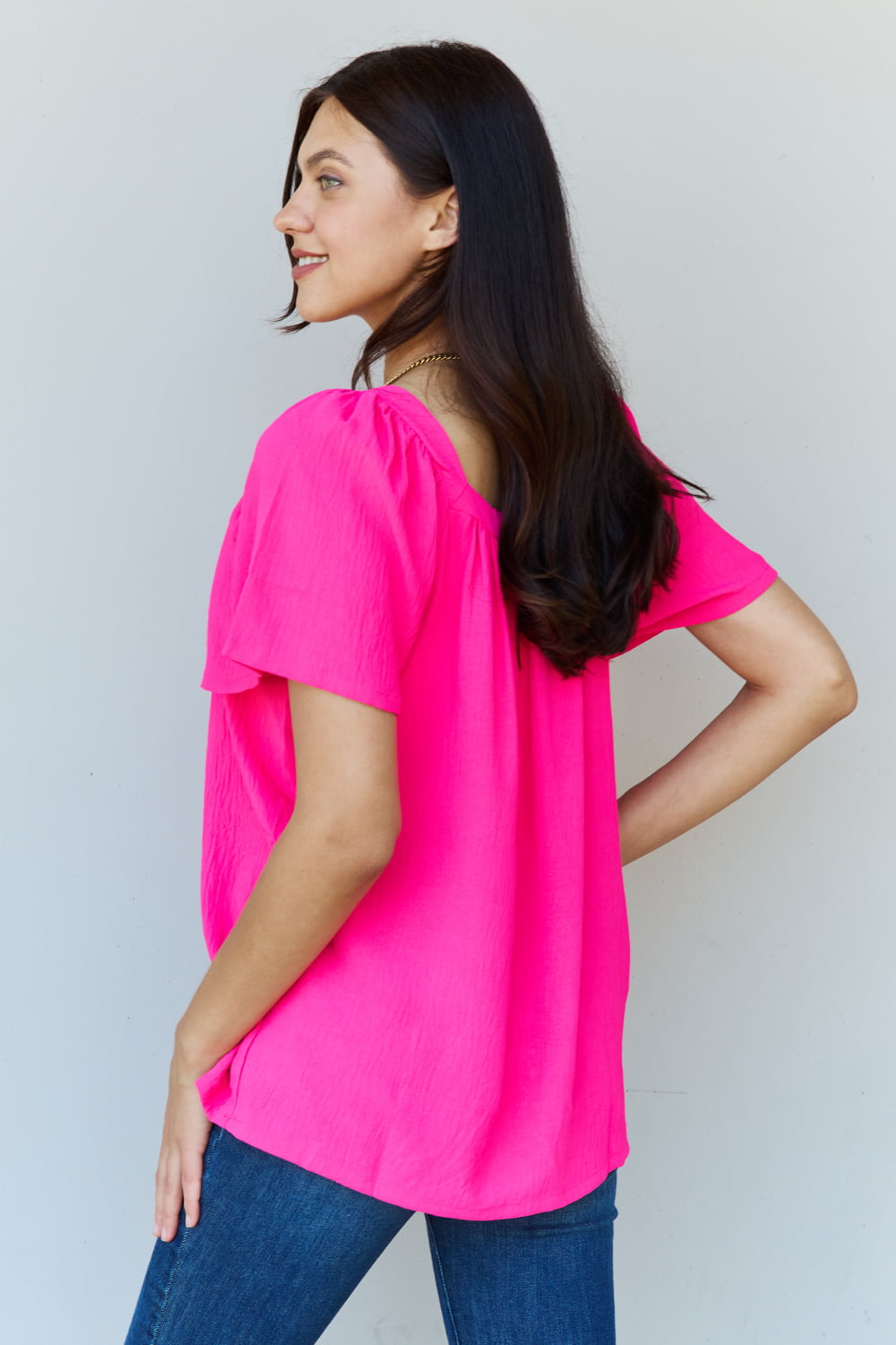 Ninexis Keep Me Close Square Neck Short Sleeve Blouse in Fuchsia-Pimamour