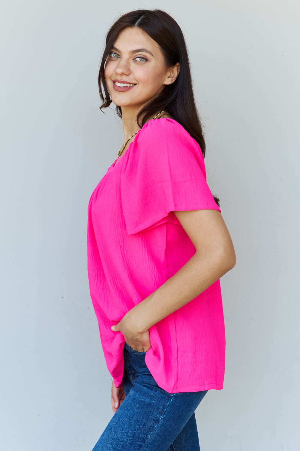 Ninexis Keep Me Close Square Neck Short Sleeve Blouse in Fuchsia-Pimamour