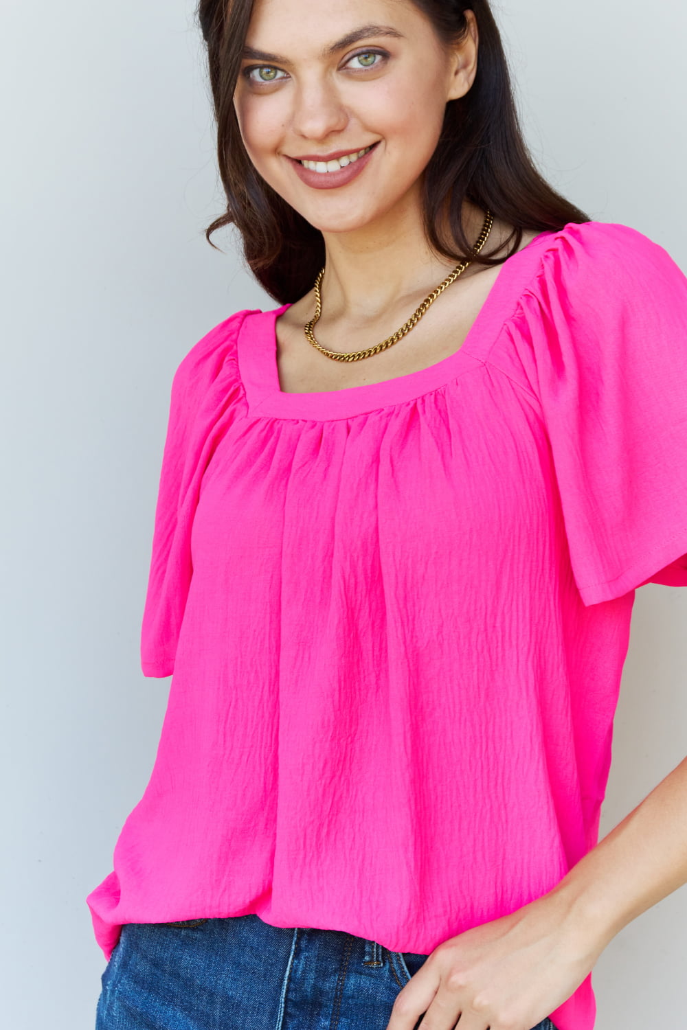 Ninexis Keep Me Close Square Neck Short Sleeve Blouse in Fuchsia-Pimamour