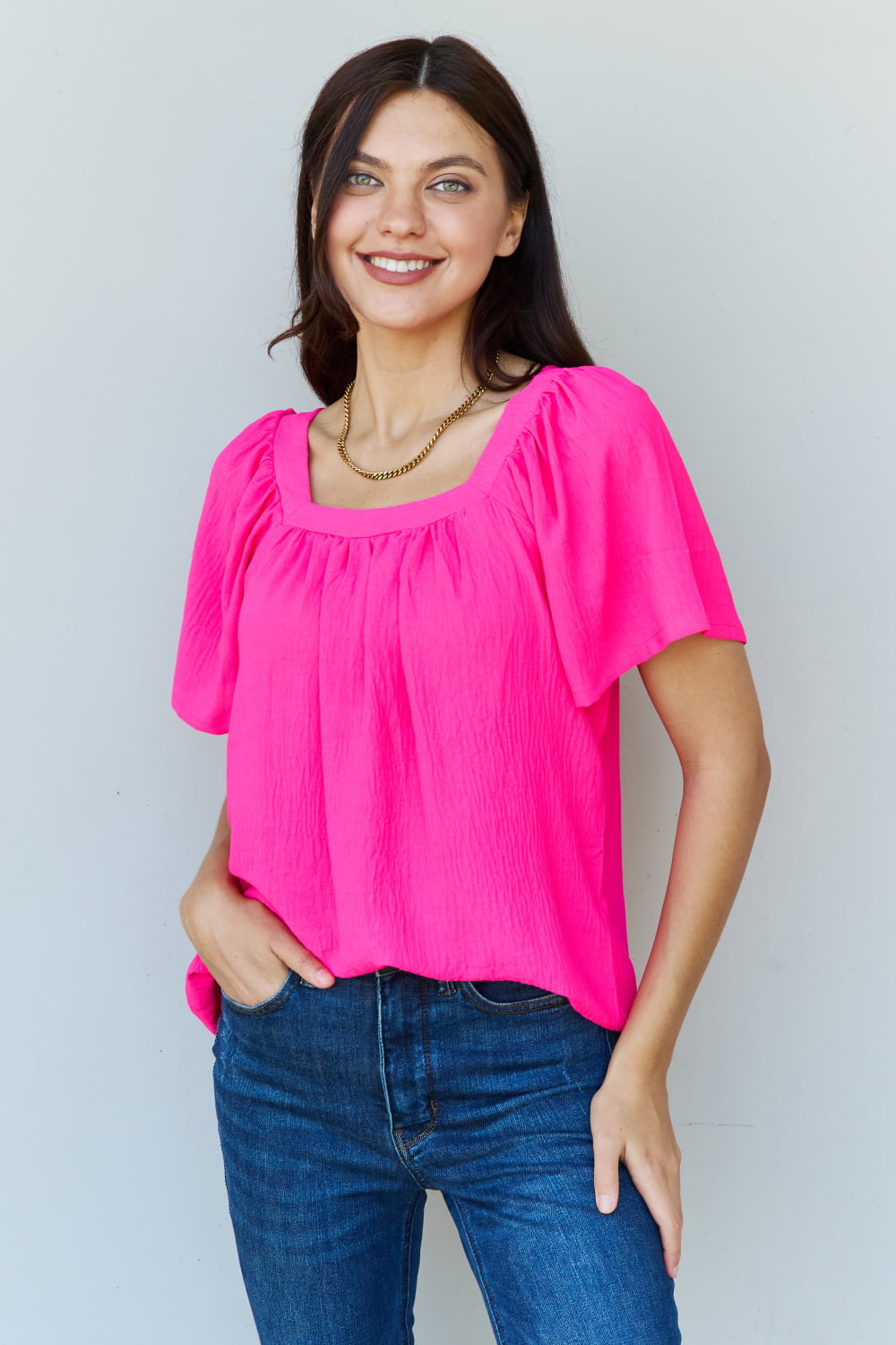 Ninexis Keep Me Close Square Neck Short Sleeve Blouse in Fuchsia-Pimamour