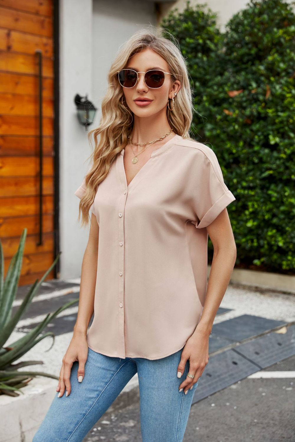 Notched Neck Cuffed Sleeve Shirt-Pimamour