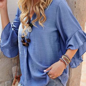 Notched Neck Flounce Sleeve Blouse-Pimamour