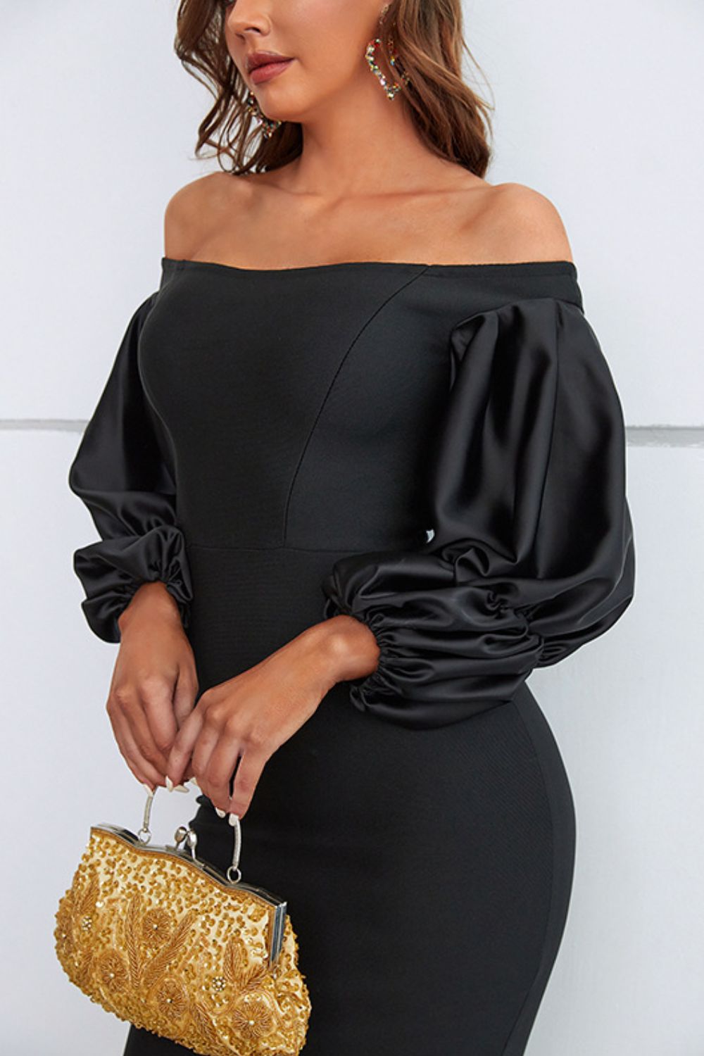 Off-Shoulder Bubble Sleeve Slit Dress-Pimamour