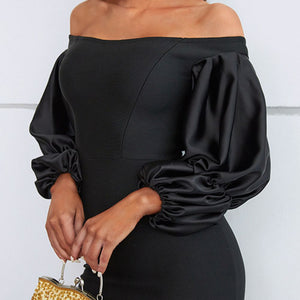 Off-Shoulder Bubble Sleeve Slit Dress-Pimamour