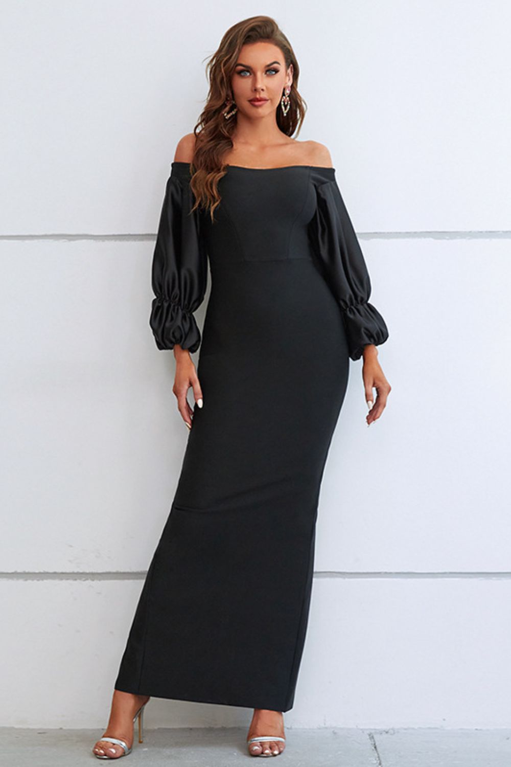 Off-Shoulder Bubble Sleeve Slit Dress-Pimamour