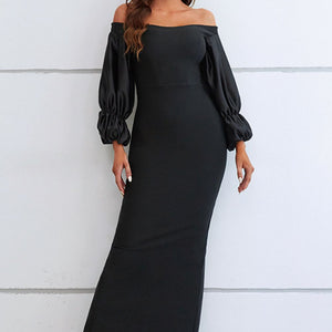 Off-Shoulder Bubble Sleeve Slit Dress-Pimamour