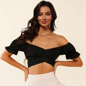 Off-Shoulder Flounce Sleeve Tie Back Top-Pimamour