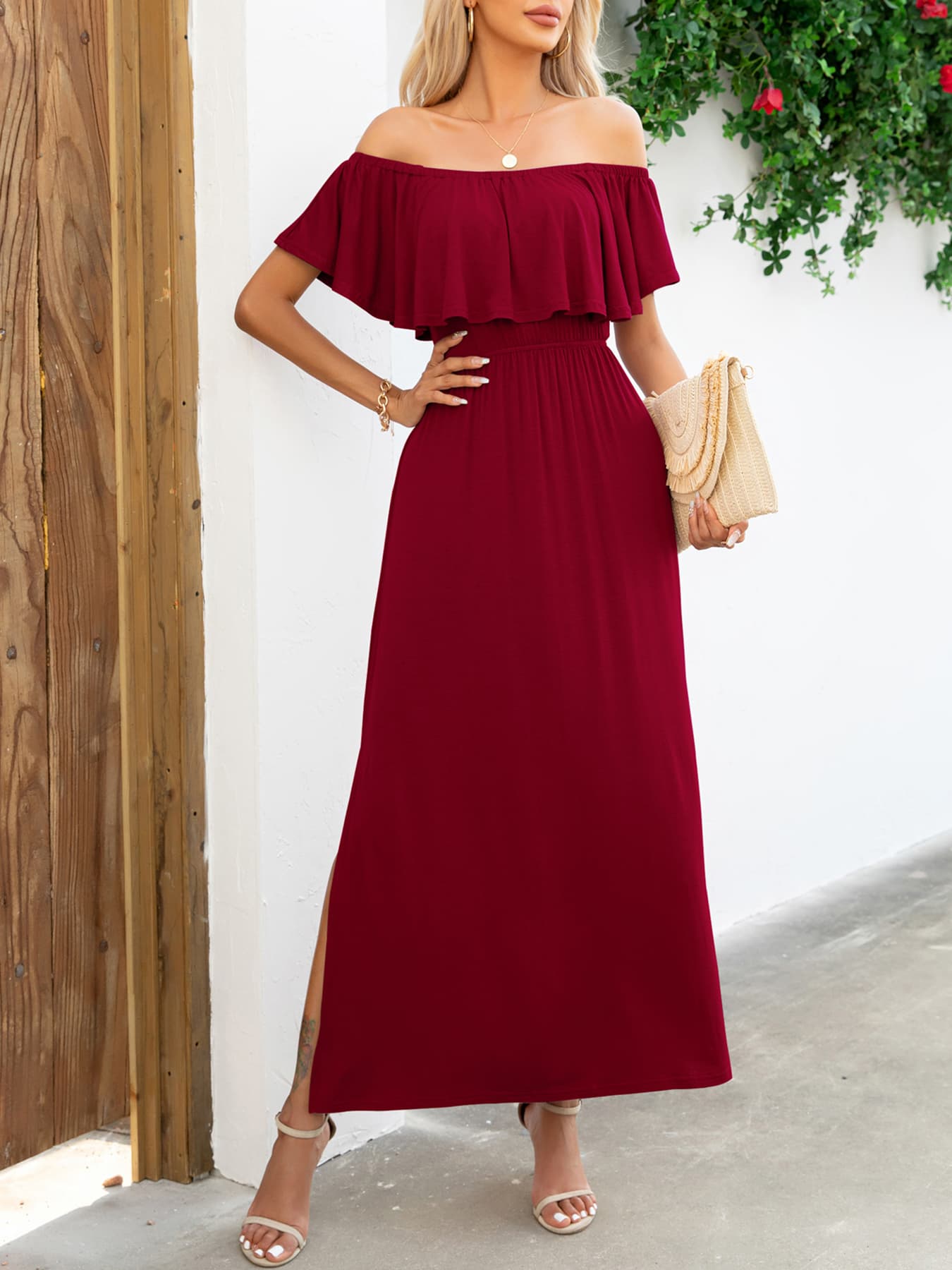 Off-Shoulder Slit Maxi Dress-Pimamour