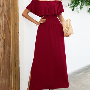 Off-Shoulder Slit Maxi Dress-Pimamour