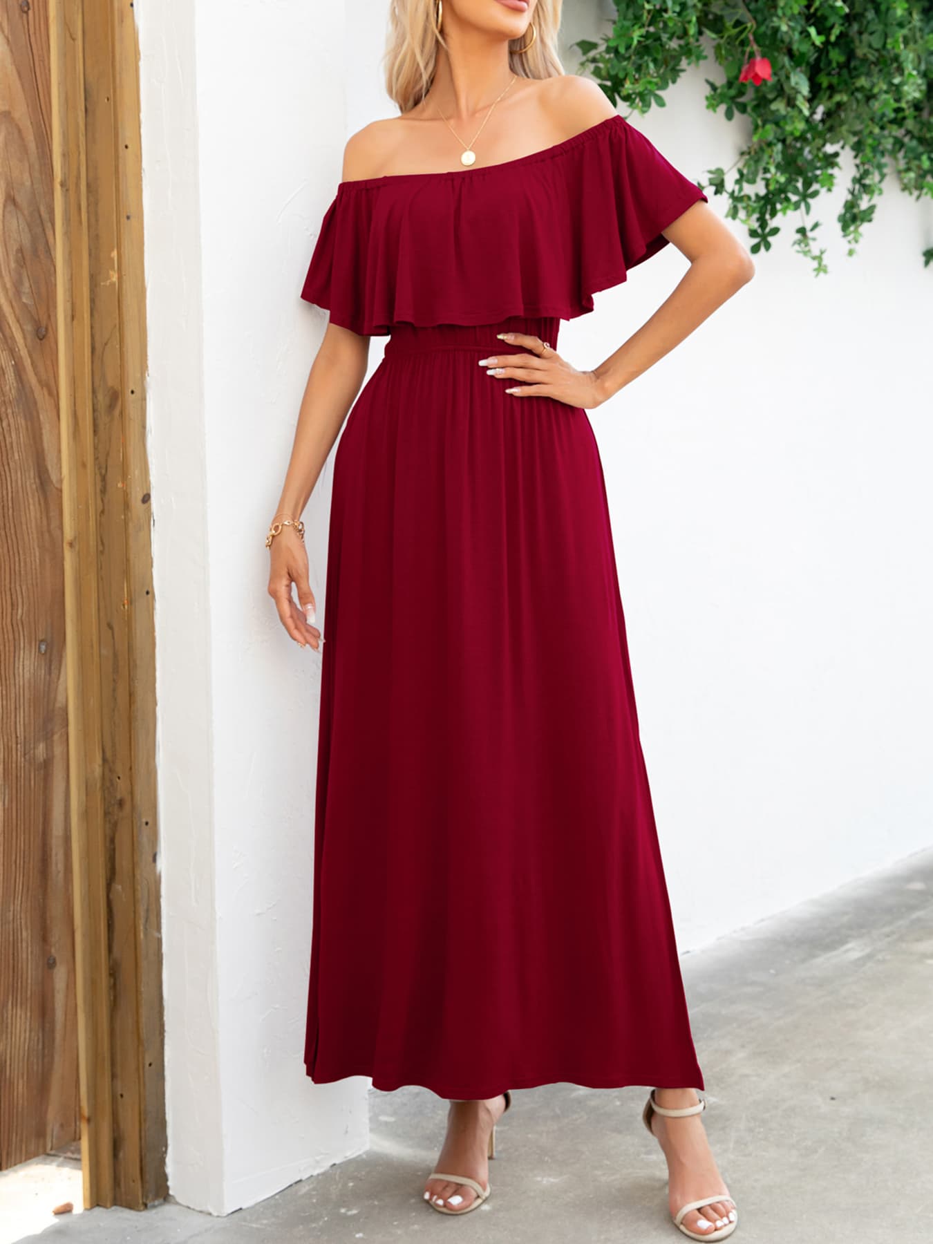 Off-Shoulder Slit Maxi Dress-Pimamour