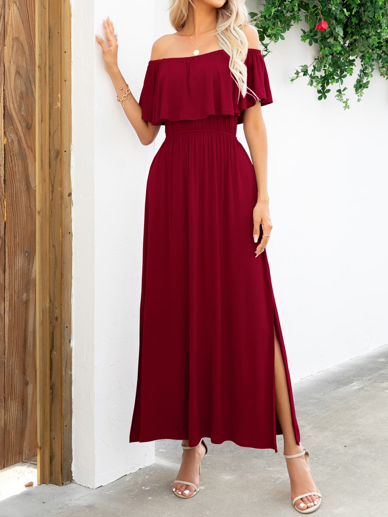 Off-Shoulder Slit Maxi Dress-Pimamour