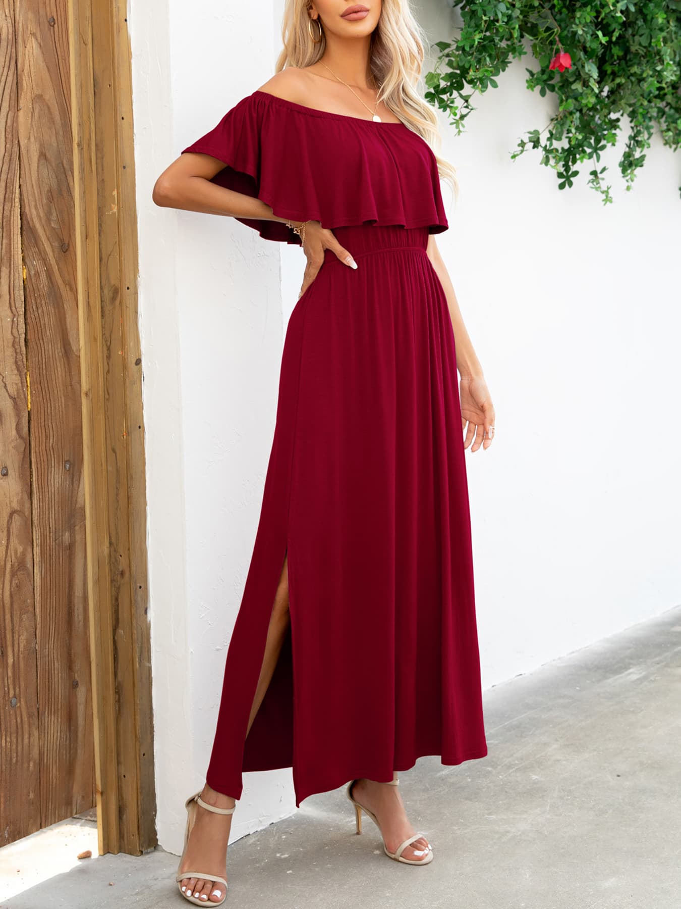 Off-Shoulder Slit Maxi Dress-Pimamour