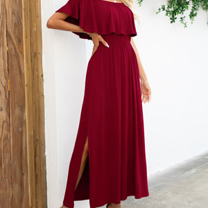 Off-Shoulder Slit Maxi Dress-Pimamour