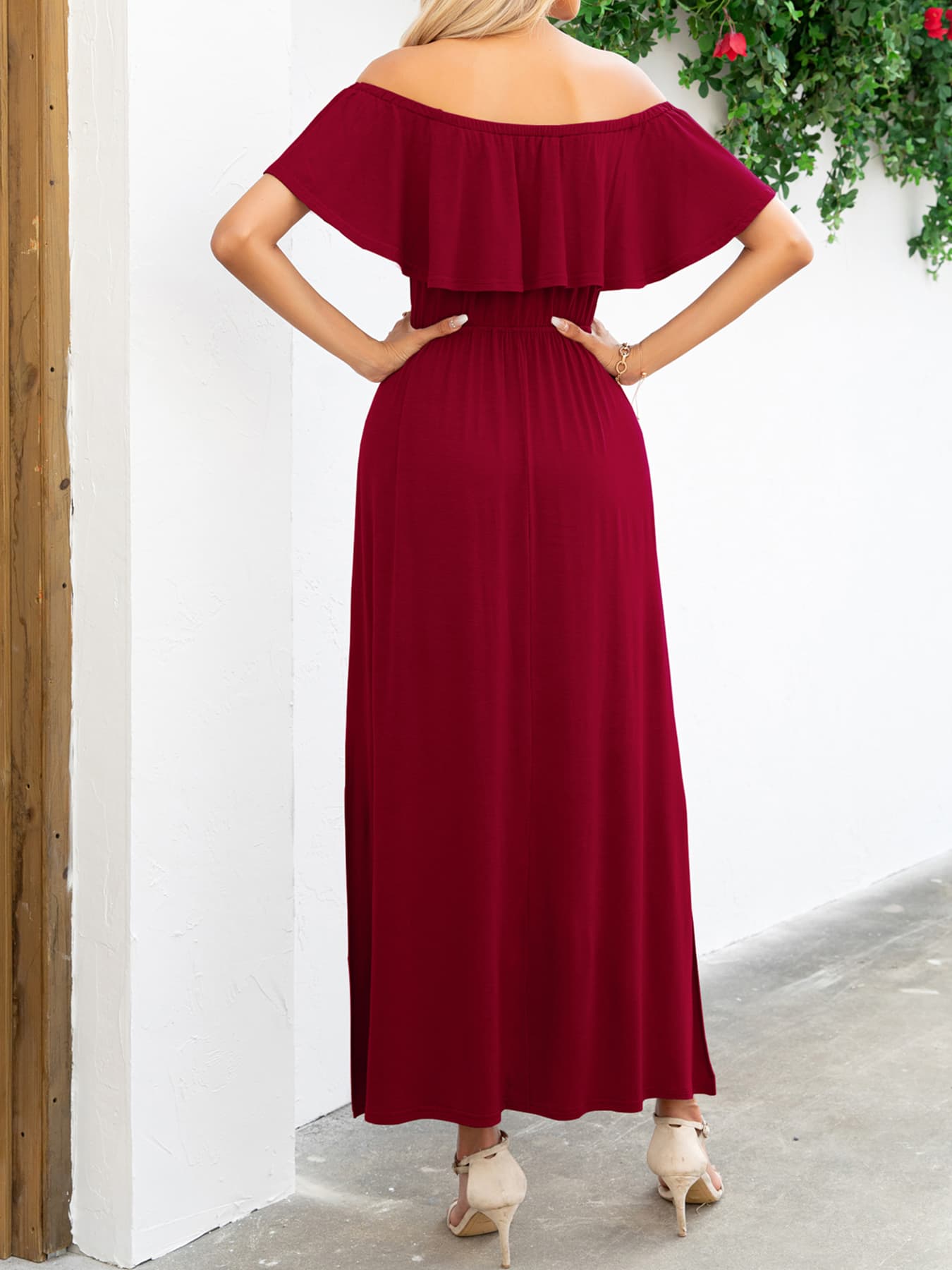 Off-Shoulder Slit Maxi Dress-Pimamour