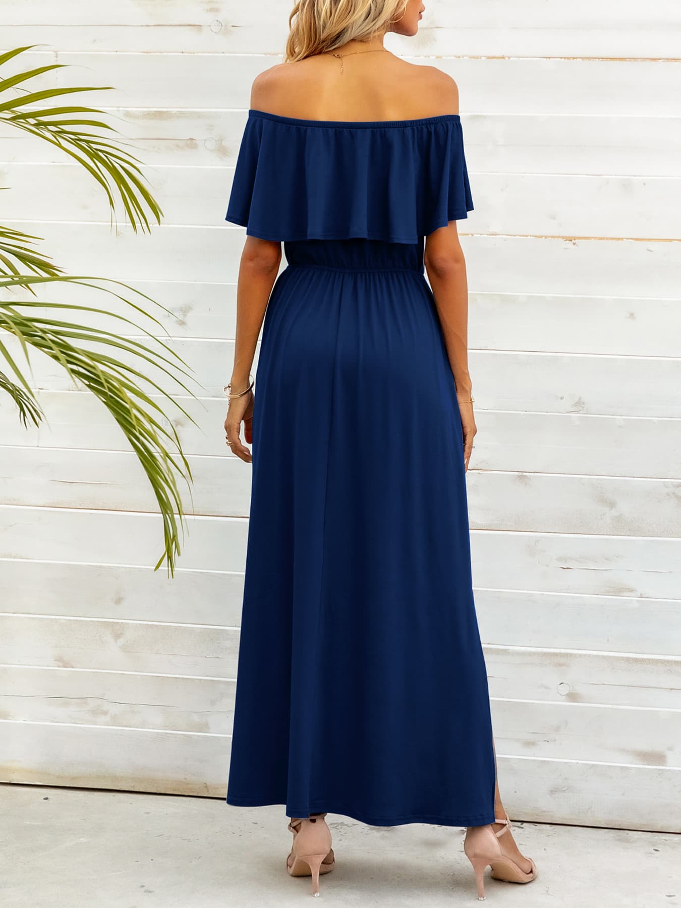 Off-Shoulder Slit Maxi Dress-Pimamour