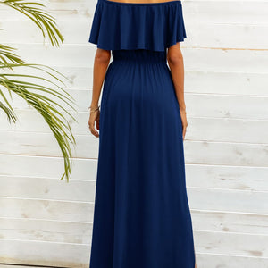 Off-Shoulder Slit Maxi Dress-Pimamour